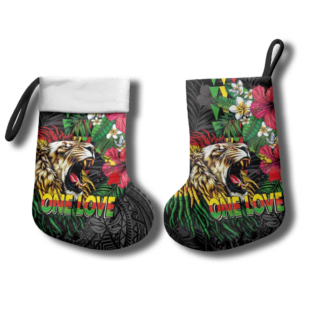 Hawaiian One Love Christmas Stocking Reggae Lion Tropical Plants and Kakau with Tribal Pattern LT03 - Polynesian Pride