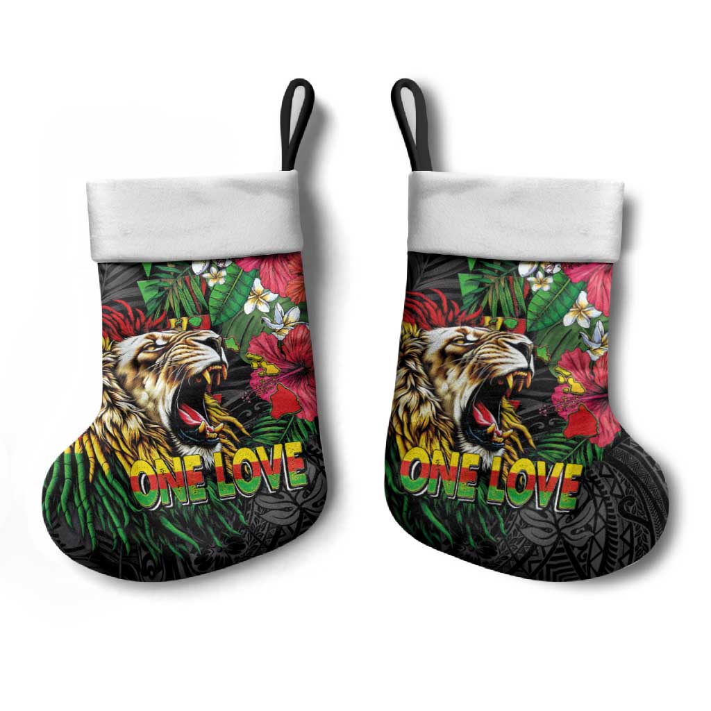 Hawaiian One Love Christmas Stocking Reggae Lion Tropical Plants and Kakau with Tribal Pattern LT03 - Polynesian Pride