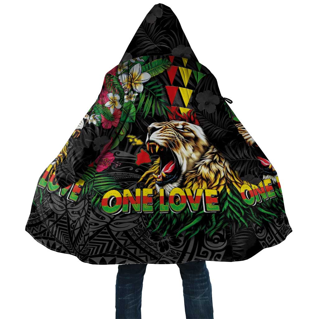 Hawaiian One Love Cloak Reggae Lion Tropical Plants and Kakau with Tribal Pattern LT03 Unisex Black - Polynesian Pride