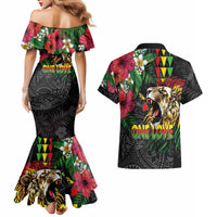 Hawaiian One Love Couples Matching Mermaid Dress and Hawaiian Shirt Reggae Lion Tropical Plants and Kakau with Tribal Pattern