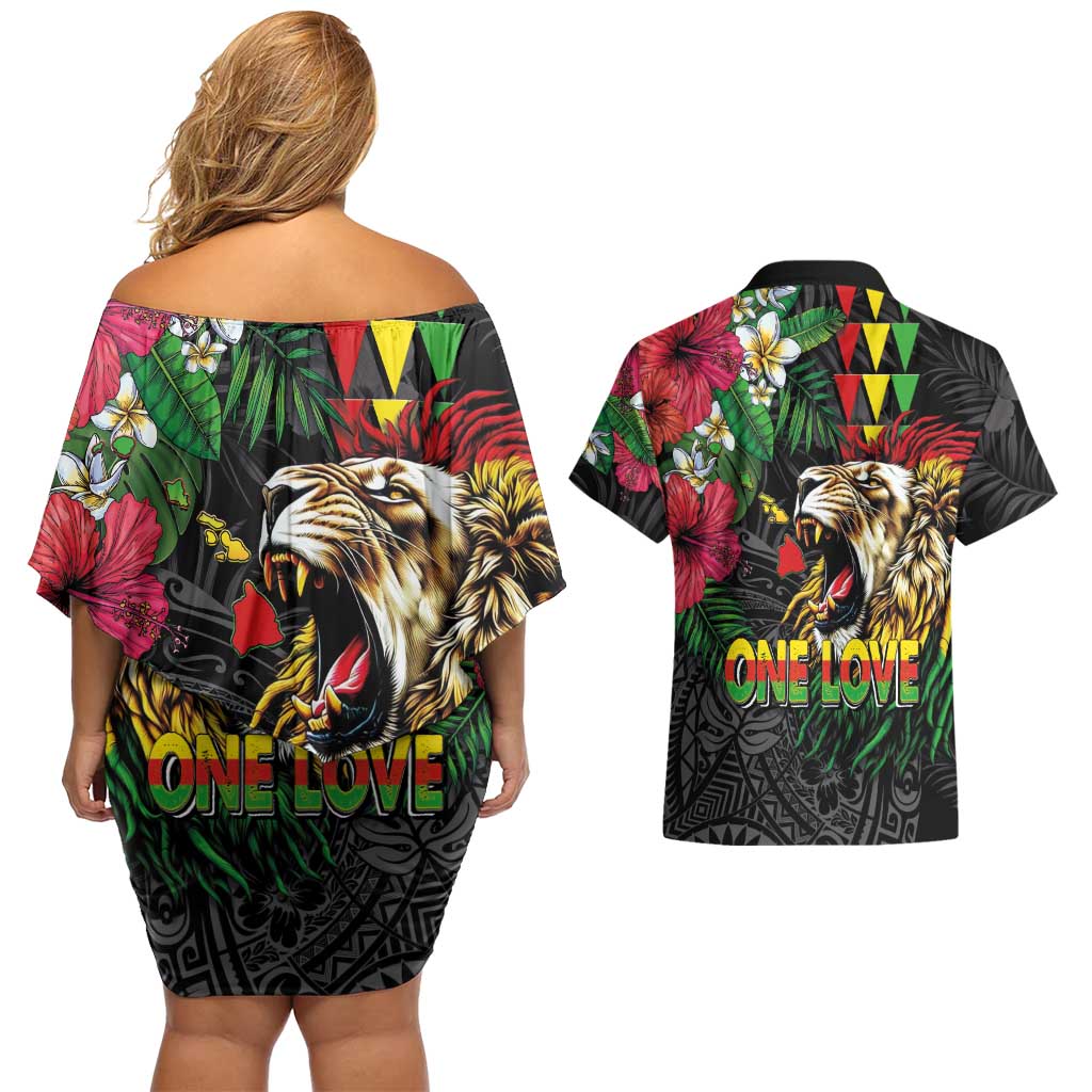 Hawaiian One Love Couples Matching Off Shoulder Short Dress and Hawaiian Shirt Reggae Lion Tropical Plants and Kakau with Tribal Pattern