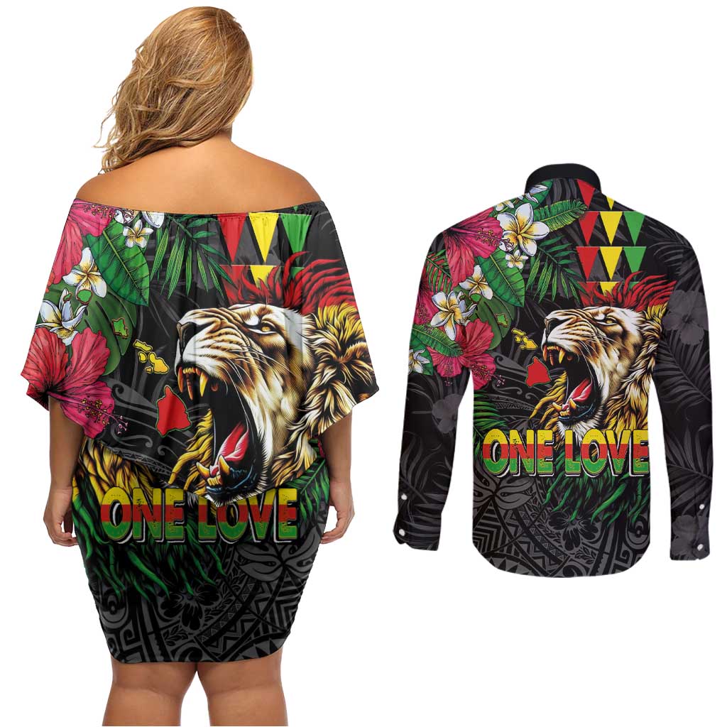 Hawaiian One Love Couples Matching Off Shoulder Short Dress and Long Sleeve Button Shirt Reggae Lion Tropical Plants and Kakau with Tribal Pattern