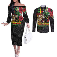 Hawaiian One Love Couples Matching Off The Shoulder Long Sleeve Dress and Long Sleeve Button Shirt Reggae Lion Tropical Plants and Kakau with Tribal Pattern