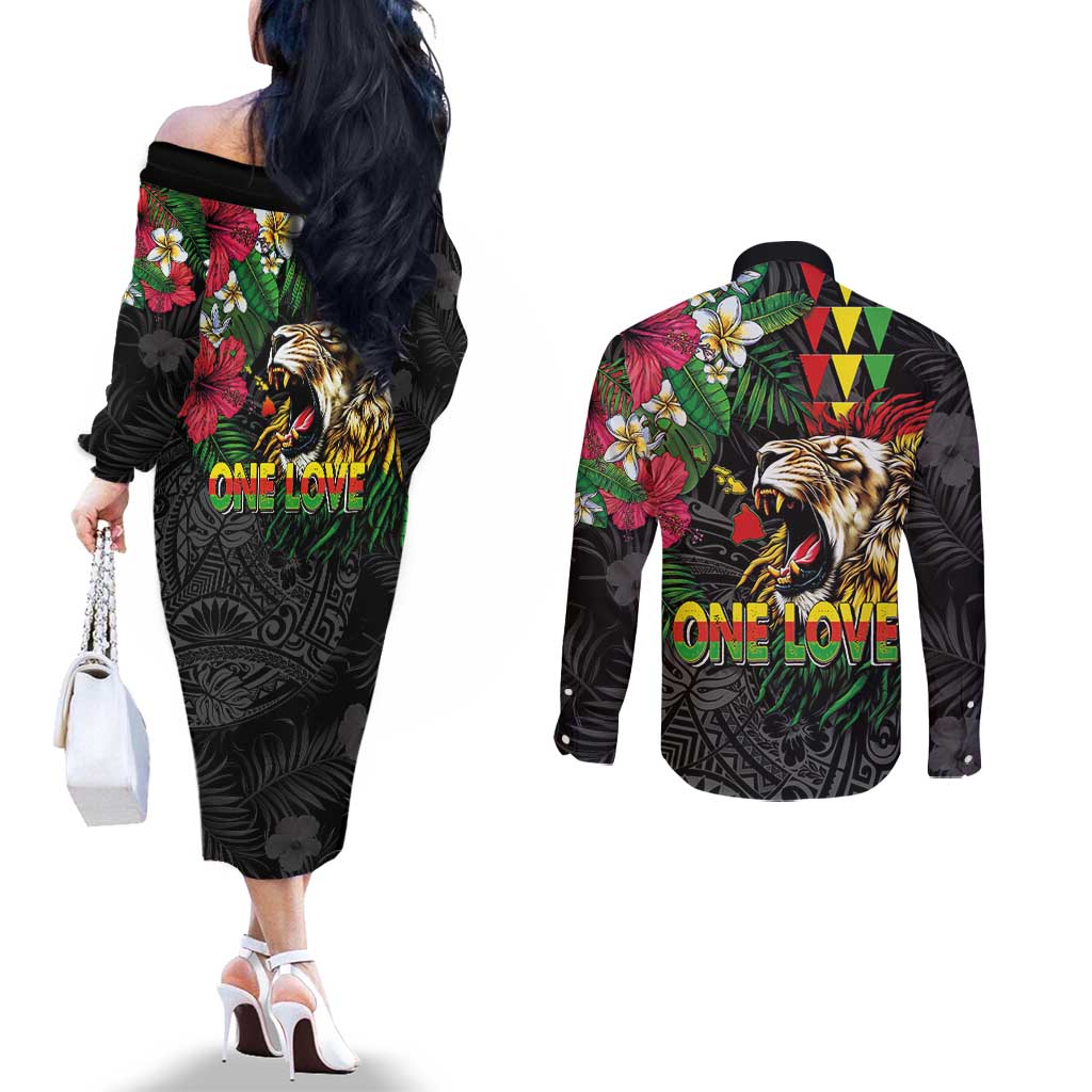 Hawaiian One Love Couples Matching Off The Shoulder Long Sleeve Dress and Long Sleeve Button Shirt Reggae Lion Tropical Plants and Kakau with Tribal Pattern