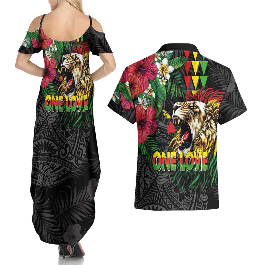 Hawaiian One Love Couples Matching Summer Maxi Dress and Hawaiian Shirt Reggae Lion Tropical Plants and Kakau with Tribal Pattern
