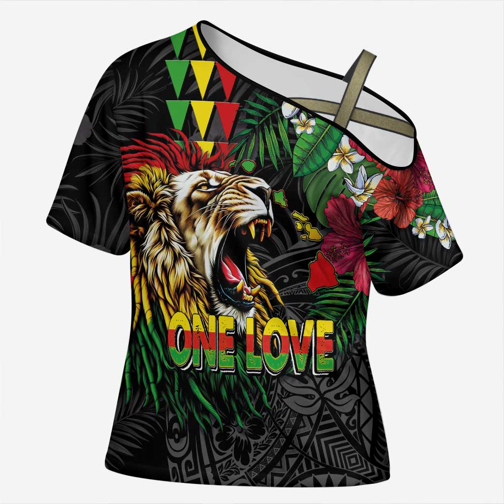 Hawaiian One Love Cross Shoulder Shirt Reggae Lion Tropical Plants and Kakau with Tribal Pattern LT03 Female Black - Polynesian Pride