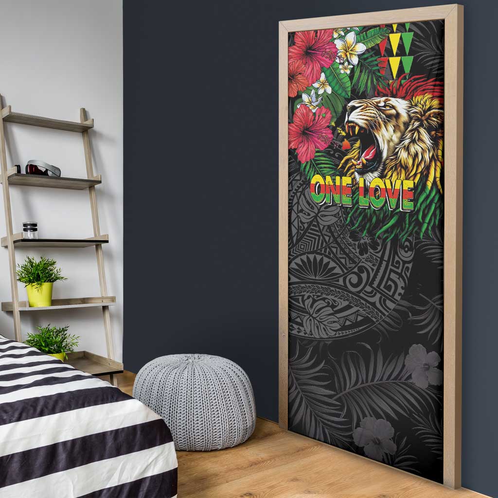 Hawaiian One Love Door Cover Reggae Lion Tropical Plants and Kakau with Tribal Pattern LT03 - Polynesian Pride