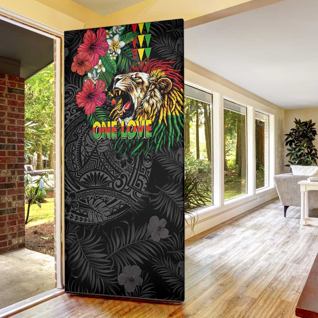 Hawaiian One Love Door Cover Reggae Lion Tropical Plants and Kakau with Tribal Pattern LT03 - Polynesian Pride
