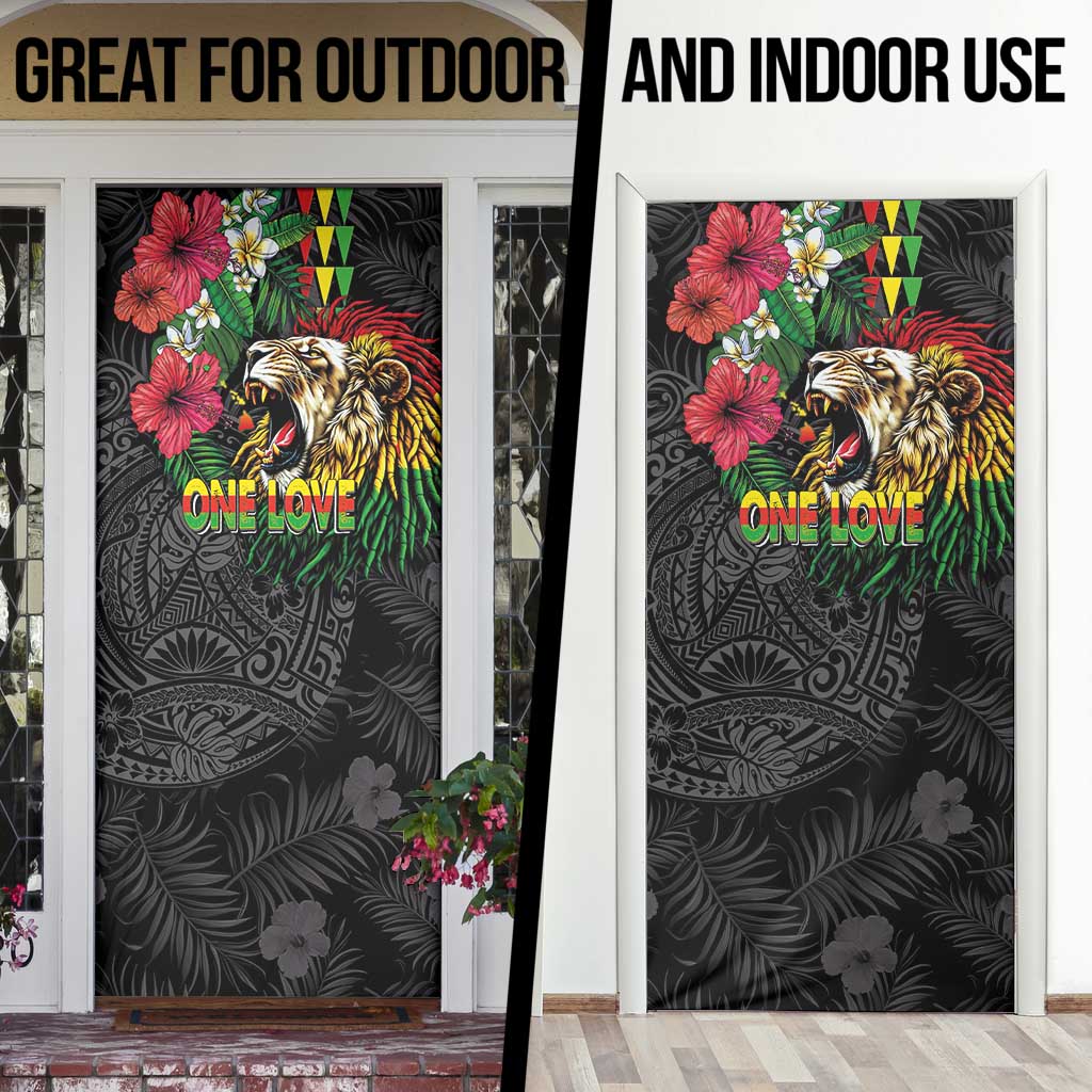 Hawaiian One Love Door Cover Reggae Lion Tropical Plants and Kakau with Tribal Pattern LT03 - Polynesian Pride