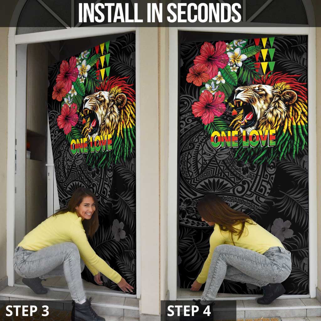 Hawaiian One Love Door Cover Reggae Lion Tropical Plants and Kakau with Tribal Pattern LT03 - Polynesian Pride