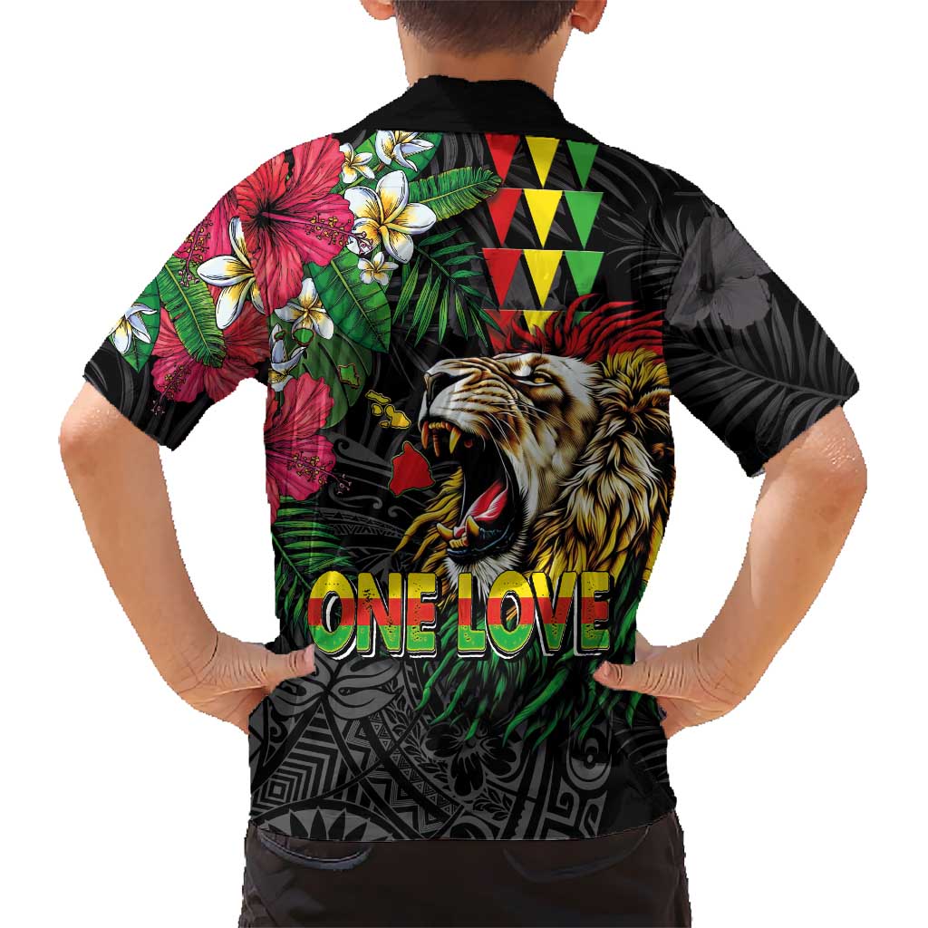 Hawaiian One Love Family Matching Long Sleeve Bodycon Dress and Hawaiian Shirt Reggae Lion Tropical Plants and Kakau with Tribal Pattern