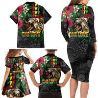 Hawaiian One Love Family Matching Long Sleeve Bodycon Dress and Hawaiian Shirt Reggae Lion Tropical Plants and Kakau with Tribal Pattern