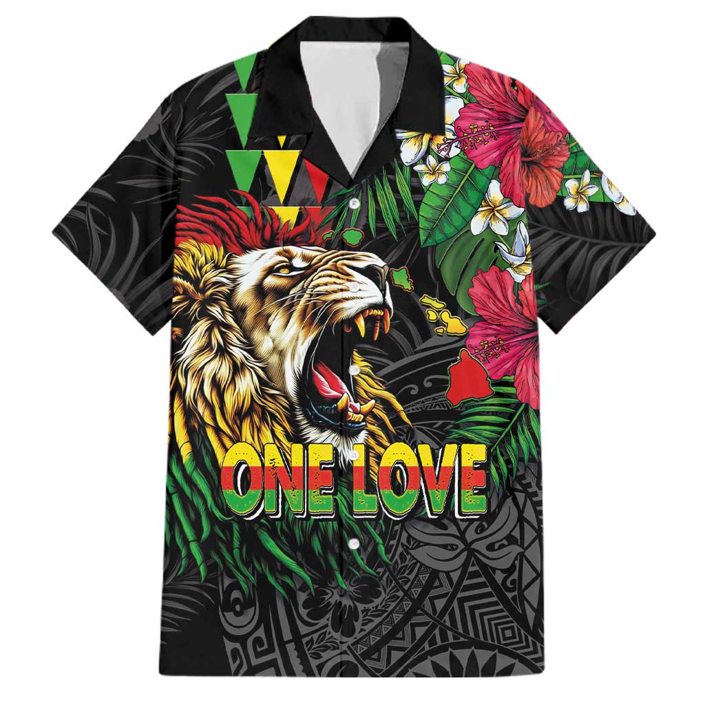 Hawaiian One Love Family Matching Long Sleeve Bodycon Dress and Hawaiian Shirt Reggae Lion Tropical Plants and Kakau with Tribal Pattern