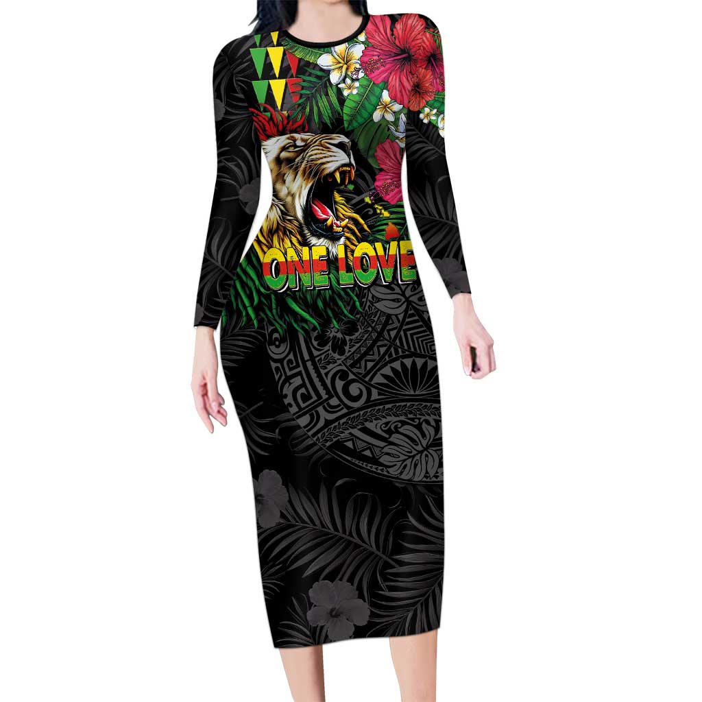 Hawaiian One Love Family Matching Long Sleeve Bodycon Dress and Hawaiian Shirt Reggae Lion Tropical Plants and Kakau with Tribal Pattern