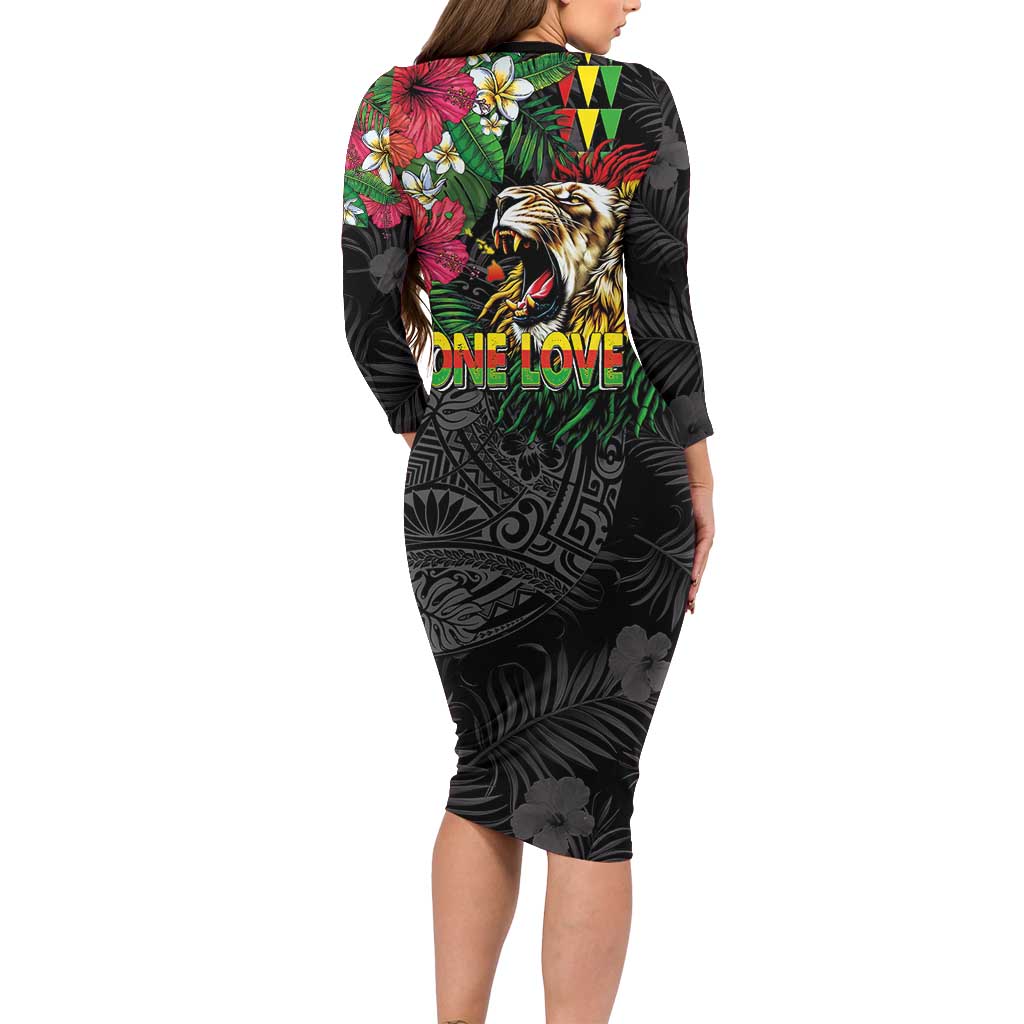 Hawaiian One Love Family Matching Long Sleeve Bodycon Dress and Hawaiian Shirt Reggae Lion Tropical Plants and Kakau with Tribal Pattern