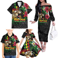 Hawaiian One Love Family Matching Off The Shoulder Long Sleeve Dress and Hawaiian Shirt Reggae Lion Tropical Plants and Kakau with Tribal Pattern