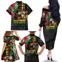 Hawaiian One Love Family Matching Off The Shoulder Long Sleeve Dress and Hawaiian Shirt Reggae Lion Tropical Plants and Kakau with Tribal Pattern
