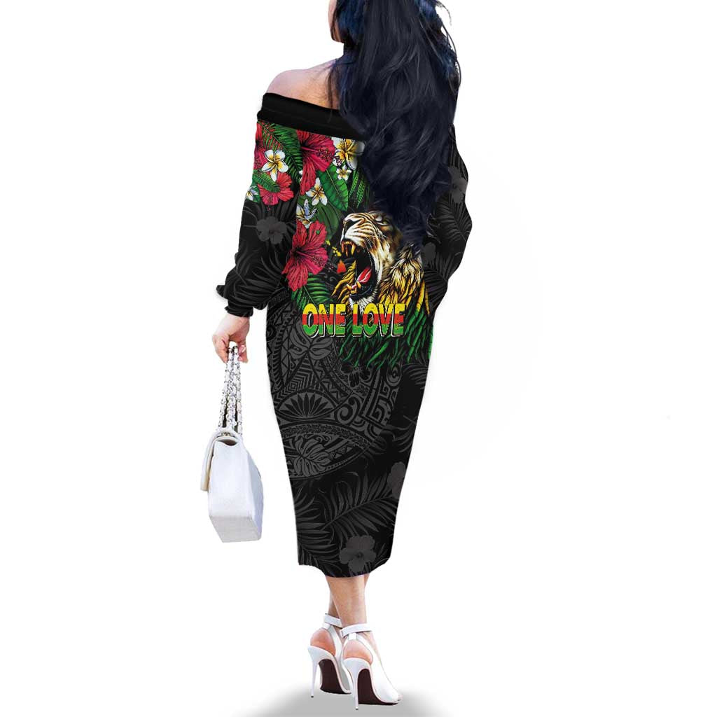Hawaiian One Love Family Matching Off The Shoulder Long Sleeve Dress and Hawaiian Shirt Reggae Lion Tropical Plants and Kakau with Tribal Pattern