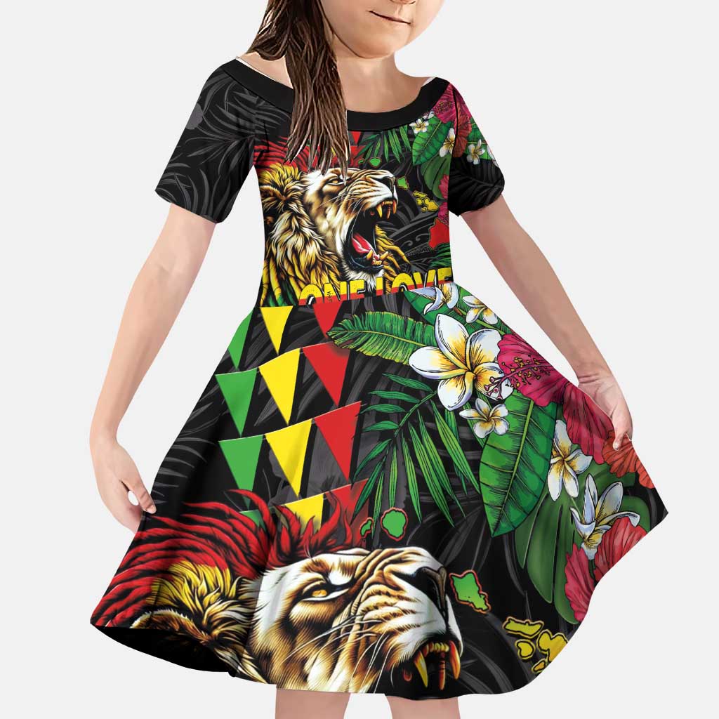 Hawaiian One Love Family Matching Off Shoulder Maxi Dress and Hawaiian Shirt Reggae Lion Tropical Plants and Kakau with Tribal Pattern