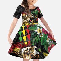 Hawaiian One Love Family Matching Off Shoulder Maxi Dress and Hawaiian Shirt Reggae Lion Tropical Plants and Kakau with Tribal Pattern