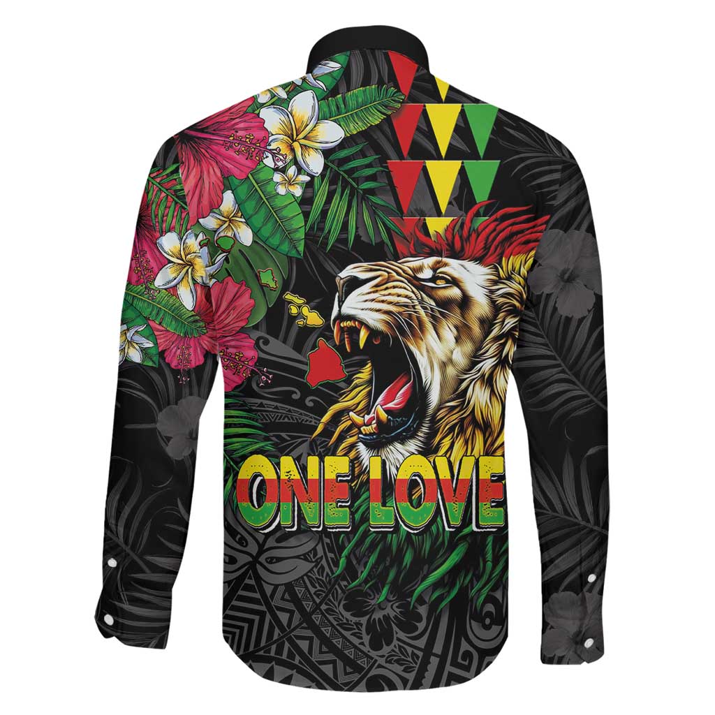 Hawaiian One Love Family Matching Off Shoulder Maxi Dress and Hawaiian Shirt Reggae Lion Tropical Plants and Kakau with Tribal Pattern