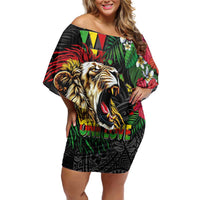 Hawaiian One Love Family Matching Off Shoulder Short Dress and Hawaiian Shirt Reggae Lion Tropical Plants and Kakau with Tribal Pattern