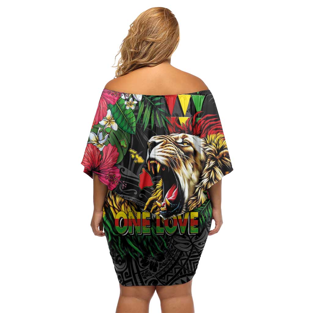 Hawaiian One Love Family Matching Off Shoulder Short Dress and Hawaiian Shirt Reggae Lion Tropical Plants and Kakau with Tribal Pattern