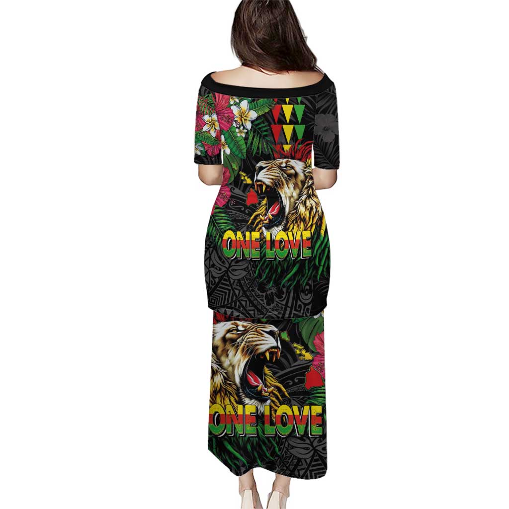 Hawaiian One Love Family Matching Puletasi and Hawaiian Shirt Reggae Lion Tropical Plants and Kakau with Tribal Pattern