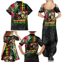 Hawaiian One Love Family Matching Summer Maxi Dress and Hawaiian Shirt Reggae Lion Tropical Plants and Kakau with Tribal Pattern