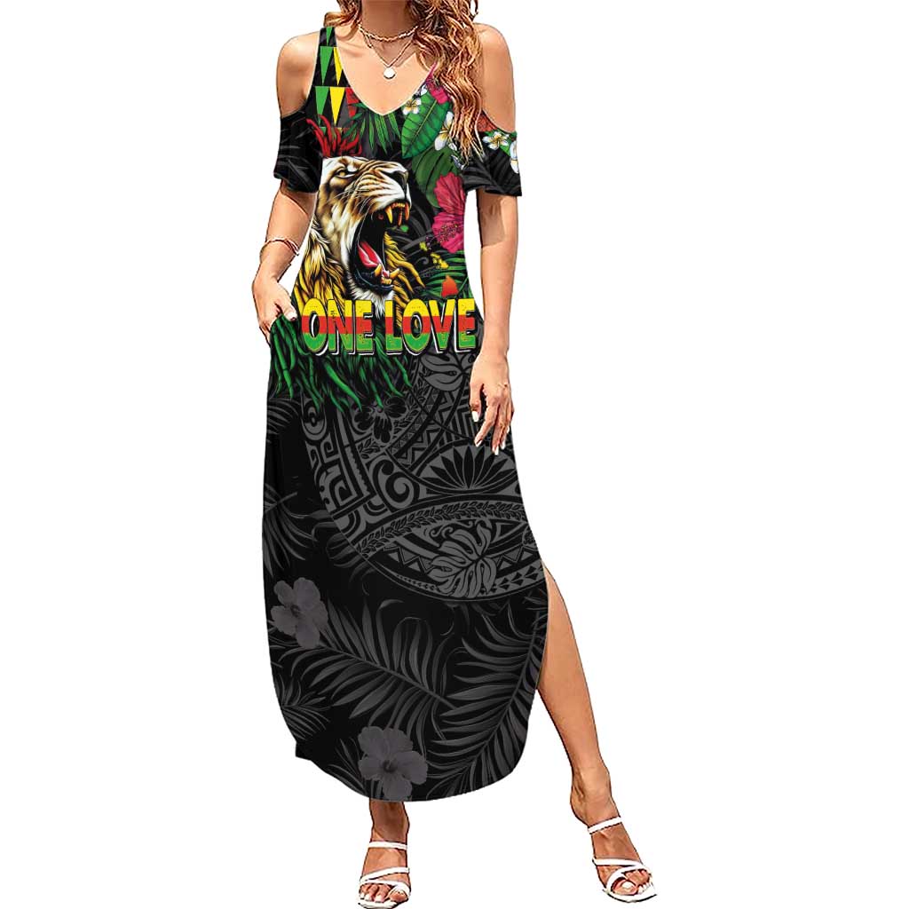 Hawaiian One Love Family Matching Summer Maxi Dress and Hawaiian Shirt Reggae Lion Tropical Plants and Kakau with Tribal Pattern