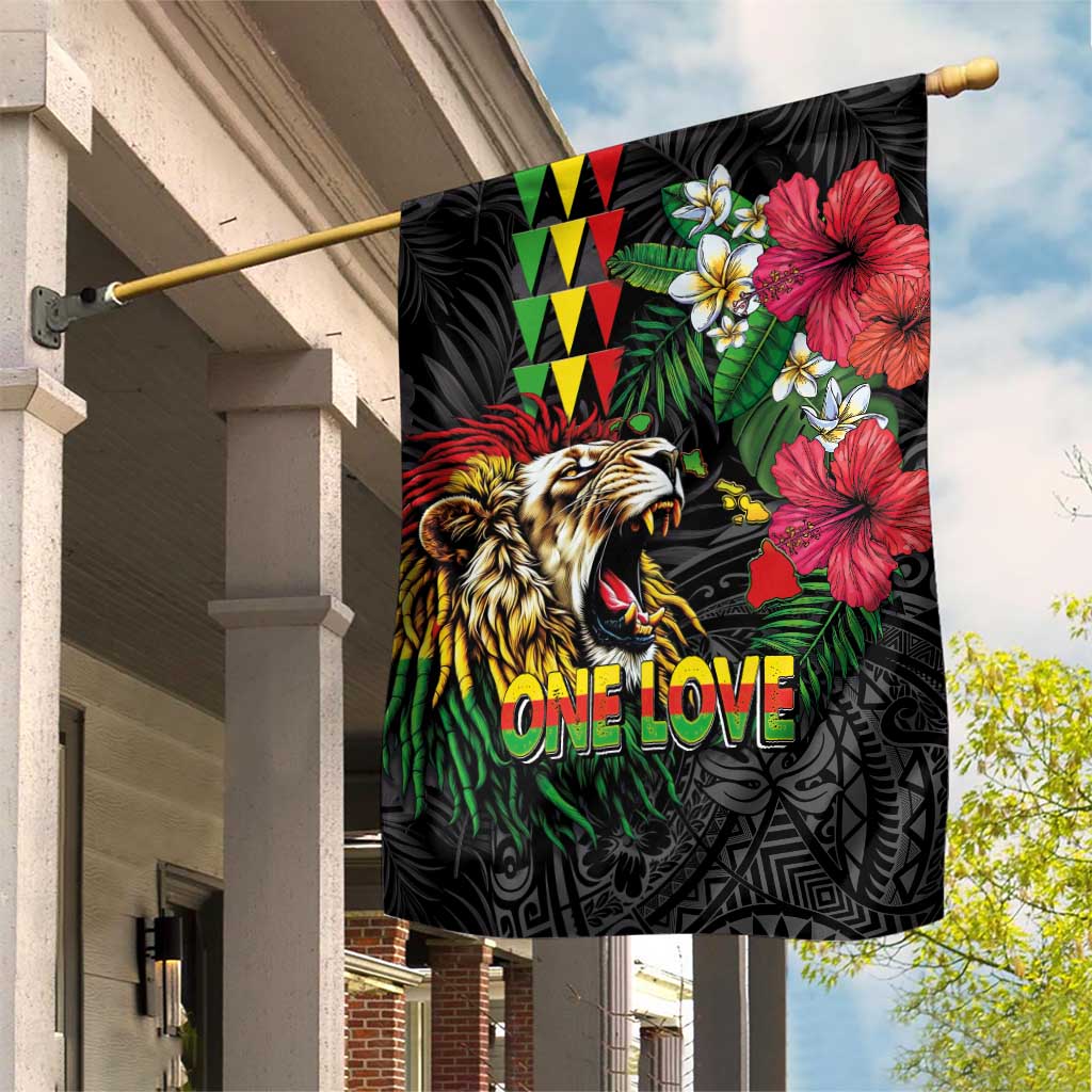 Hawaiian One Love Garden Flag Reggae Lion Tropical Plants and Kakau with Tribal Pattern LT03 House Flag Black - Polynesian Pride