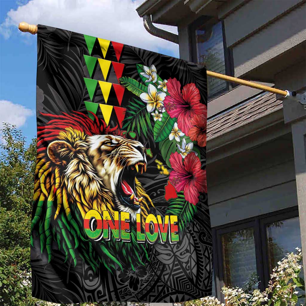 Hawaiian One Love Garden Flag Reggae Lion Tropical Plants and Kakau with Tribal Pattern LT03 - Polynesian Pride