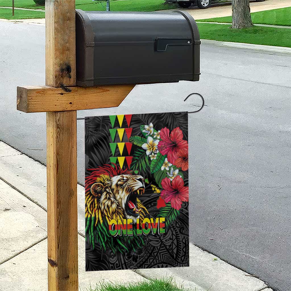 Hawaiian One Love Garden Flag Reggae Lion Tropical Plants and Kakau with Tribal Pattern LT03 - Polynesian Pride