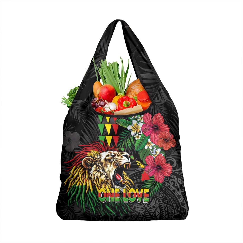 Hawaiian One Love Grocery Bag Reggae Lion Tropical Plants and Kakau with Tribal Pattern LT03 1-pack One Size Black - Polynesian Pride