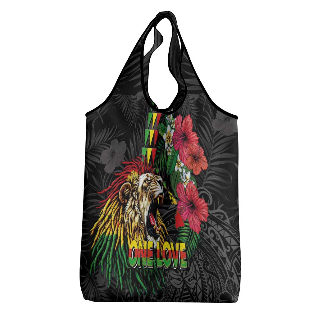 Hawaiian One Love Grocery Bag Reggae Lion Tropical Plants and Kakau with Tribal Pattern LT03 - Polynesian Pride