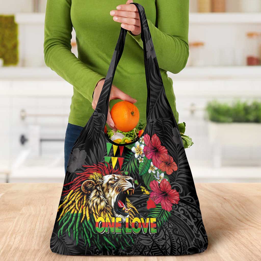 Hawaiian One Love Grocery Bag Reggae Lion Tropical Plants and Kakau with Tribal Pattern LT03 - Polynesian Pride