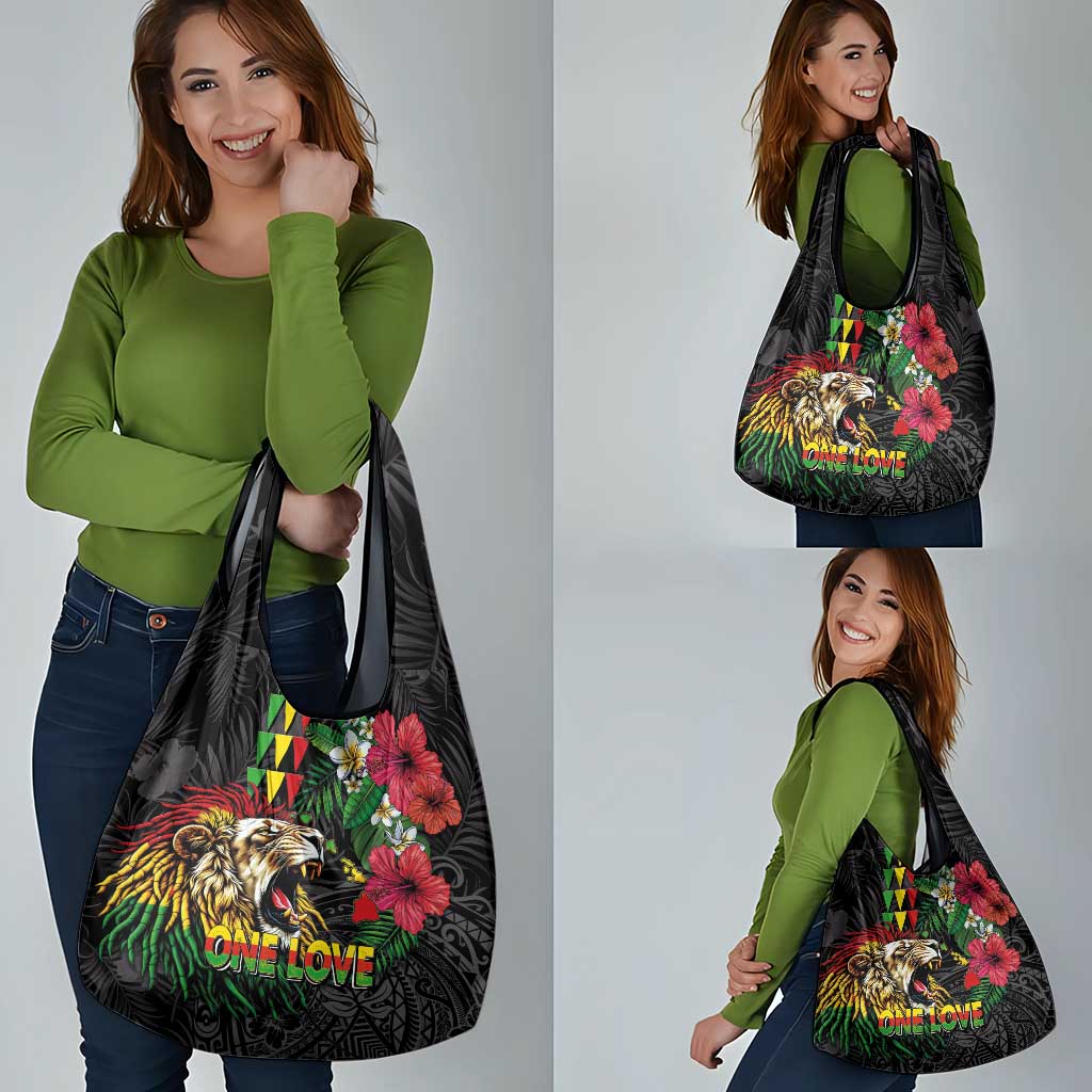 Hawaiian One Love Grocery Bag Reggae Lion Tropical Plants and Kakau with Tribal Pattern LT03 - Polynesian Pride