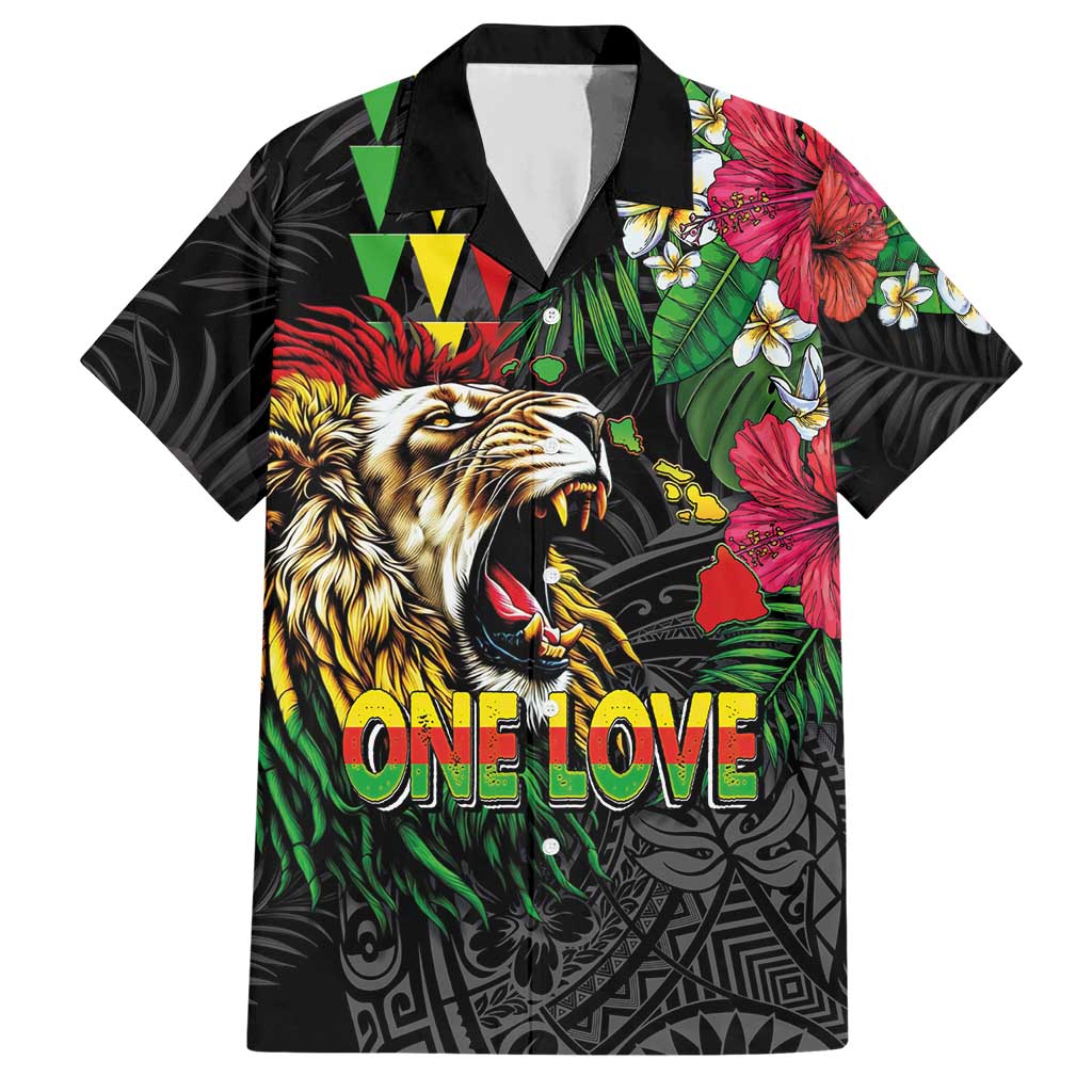 Hawaiian One Love Hawaiian Shirt Reggae Lion Tropical Plants and Kakau with Tribal Pattern LT03 Black - Polynesian Pride