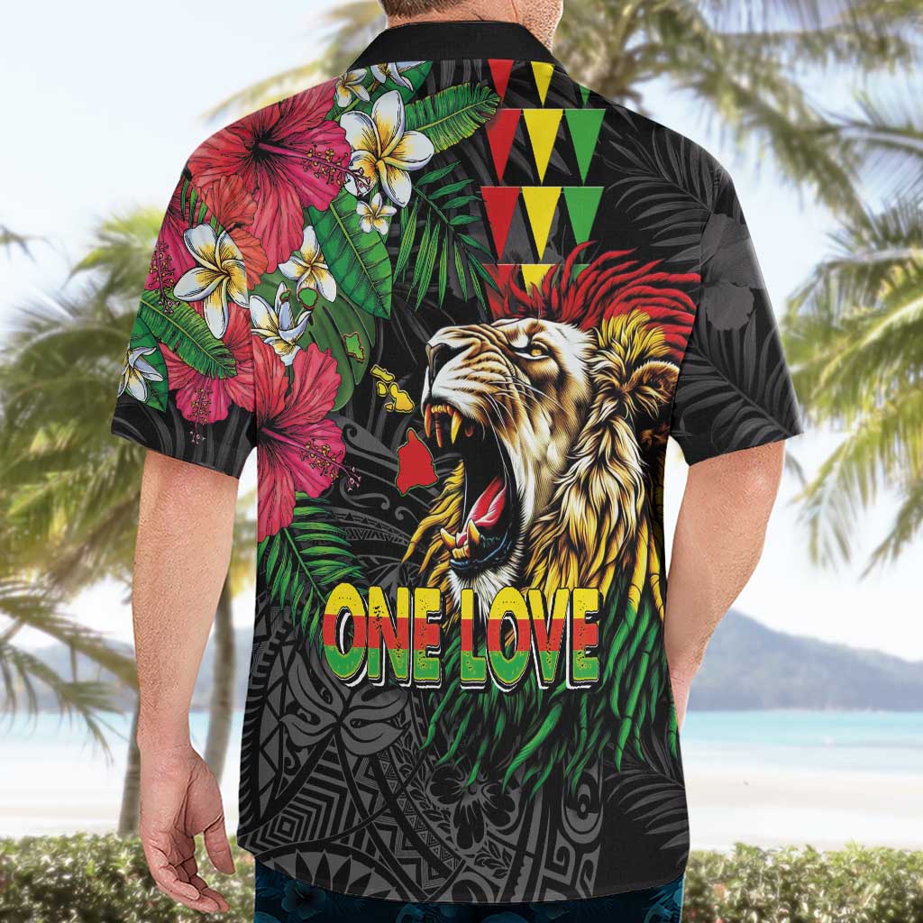 Hawaiian One Love Hawaiian Shirt Reggae Lion Tropical Plants and Kakau with Tribal Pattern LT03 - Polynesian Pride