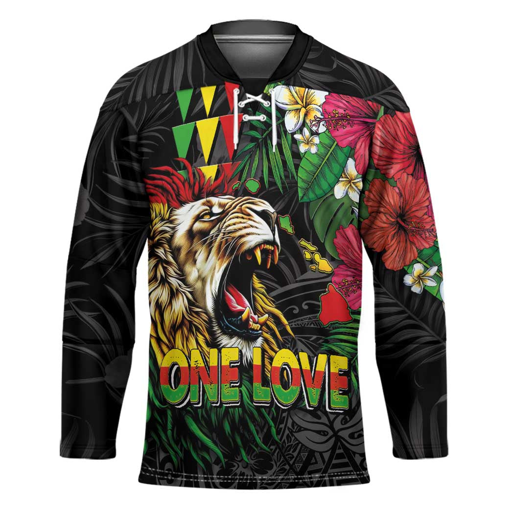 Hawaiian One Love Hockey Jersey Reggae Lion Tropical Plants and Kakau with Tribal Pattern LT03 Unisex Black - Polynesian Pride