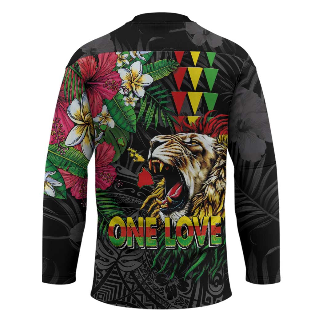 Hawaiian One Love Hockey Jersey Reggae Lion Tropical Plants and Kakau with Tribal Pattern LT03 - Polynesian Pride