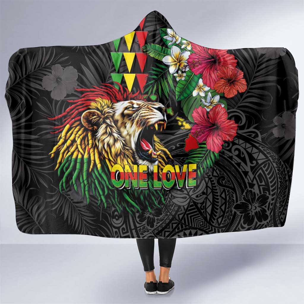 Hawaiian One Love Hooded Blanket Reggae Lion Tropical Plants and Kakau with Tribal Pattern LT03 One Size Black - Polynesian Pride