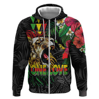 Hawaiian One Love Hoodie Reggae Lion Tropical Plants and Kakau with Tribal Pattern LT03 Zip Hoodie Black - Polynesian Pride