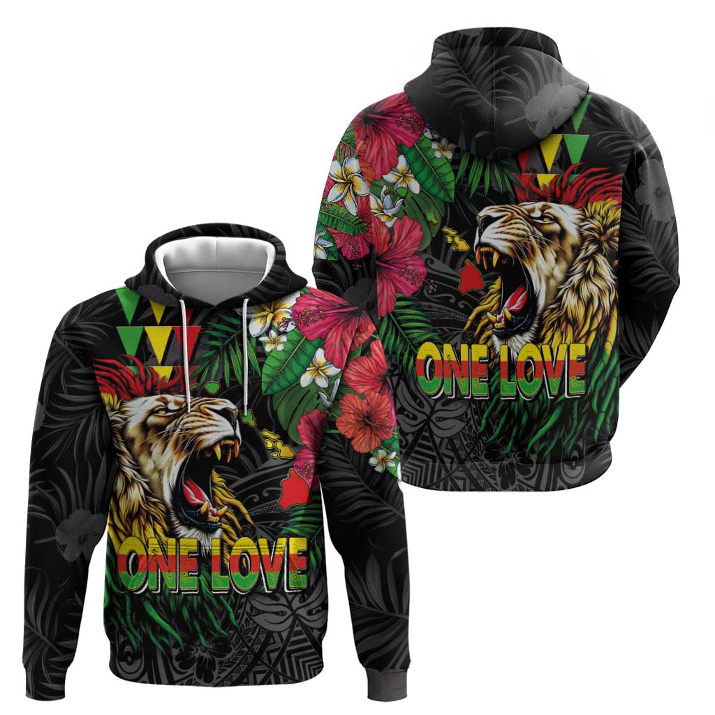 Hawaiian One Love Hoodie Reggae Lion Tropical Plants and Kakau with Tribal Pattern LT03 - Polynesian Pride