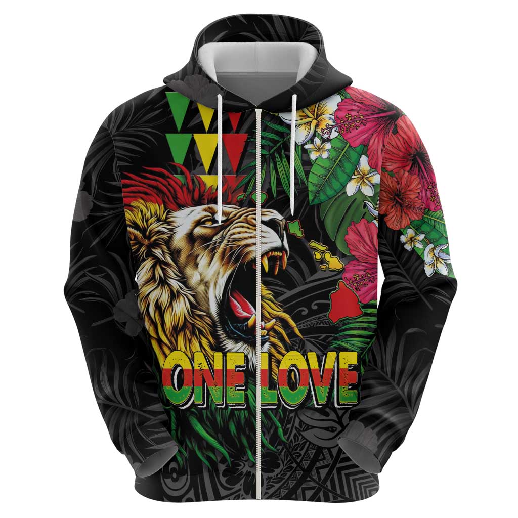 Hawaiian One Love Hoodie Reggae Lion Tropical Plants and Kakau with Tribal Pattern LT03 - Polynesian Pride
