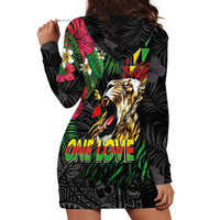 Hawaiian One Love Hoodie Dress Reggae Lion Tropical Plants and Kakau with Tribal Pattern