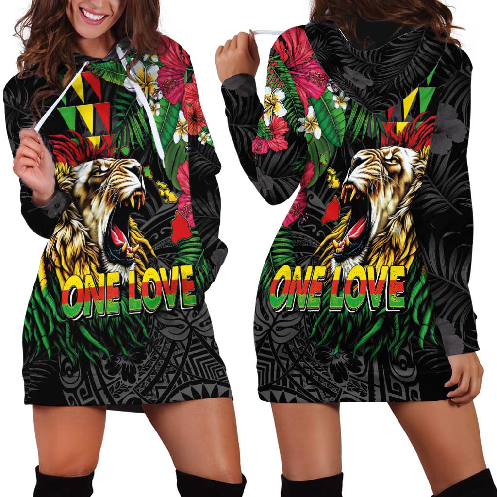 Hawaiian One Love Hoodie Dress Reggae Lion Tropical Plants and Kakau with Tribal Pattern