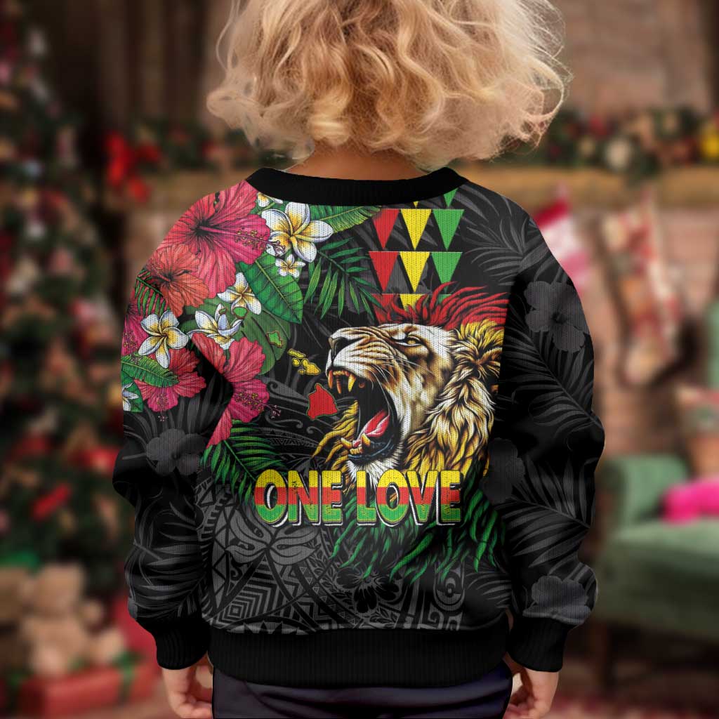 Hawaiian One Love Kid Ugly Christmas Sweater Reggae Lion Tropical Plants and Kakau with Tribal Pattern LT03 - Polynesian Pride