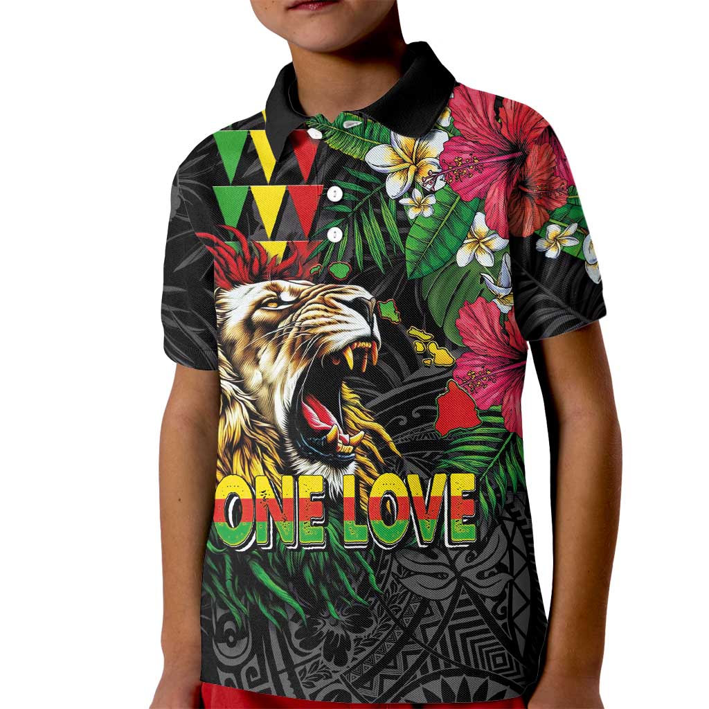 Hawaiian One Love Kid Polo Shirt Reggae Lion Tropical Plants and Kakau with Tribal Pattern LT03 Kid Black - Polynesian Pride