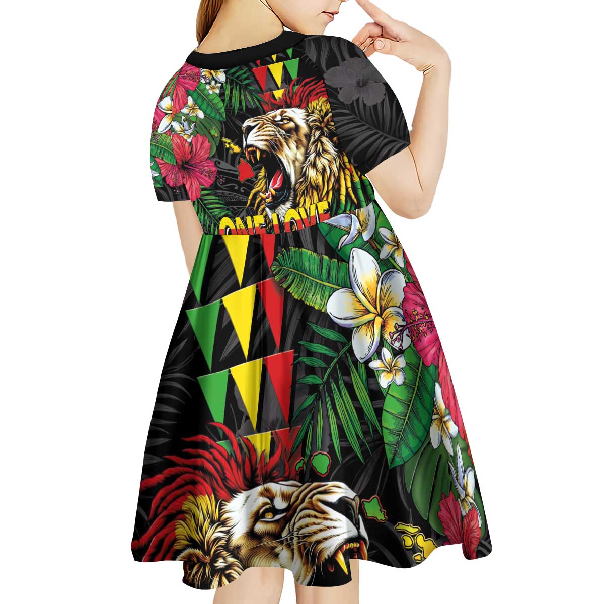 Hawaiian One Love Kid Short Sleeve Dress Reggae Lion Tropical Plants and Kakau with Tribal Pattern LT03 - Polynesian Pride
